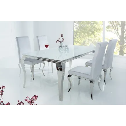 Table à manger design baroque de 180cm coloris blanc argenté en verre trempé et acier inoxydable