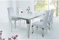 Table à manger design baroque de 180cm coloris blanc argenté en verre trempé et acier inoxydable