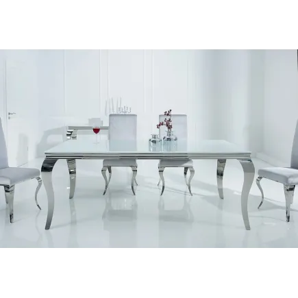 Table à manger design baroque de 180cm coloris blanc argenté en verre trempé et acier inoxydable 2