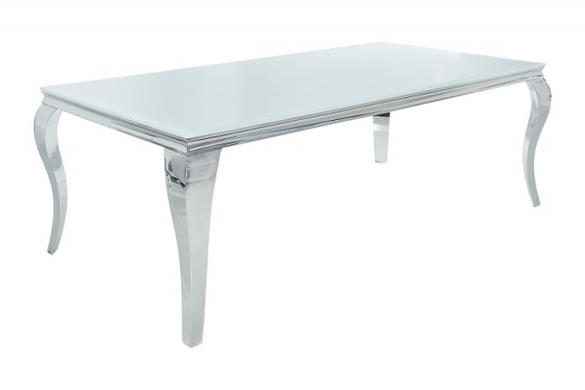 Table à manger design baroque de 180cm coloris blanc argenté en verre trempé et acier inoxydable