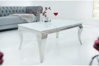 Table basse design baroque de 100cm coloris blanc argenté en verre trempé et acier inoxydable