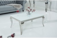 Table basse design baroque de 100cm coloris blanc argenté en verre trempé et acier inoxydable