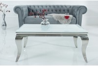 Table basse design baroque de 100cm coloris blanc argenté en verre trempé et acier inoxydable