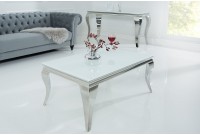 Table basse design baroque de 100cm coloris blanc argenté en verre trempé et acier inoxydable
