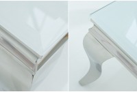 Table basse design baroque de 100cm coloris blanc argenté en verre trempé et acier inoxydable