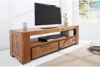 Meuble TV en Bois Massif Sheesham 135 cm — 2 Tiroirs & Niche, Coloris Naturel