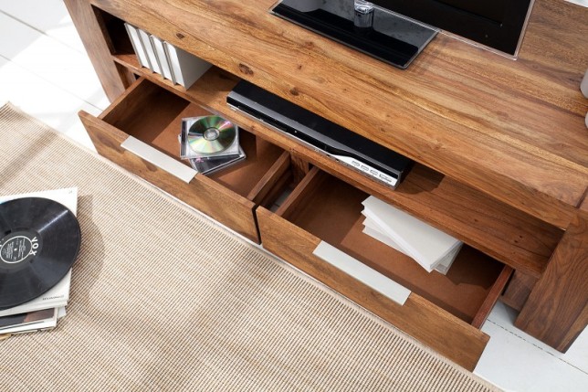 Meuble TV en Bois Massif Sheesham 135 cm — 2 Tiroirs & Niche, Coloris Naturel