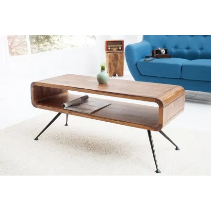 Table basse design rétro de 100cm coloris naturel en bois massif sheesham avec une niche