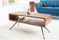 Table basse design rétro de 100cm coloris naturel en bois massif sheesham avec une niche