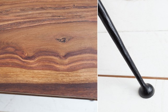 Table basse design rétro de 100cm coloris naturel en bois massif avec une niche
