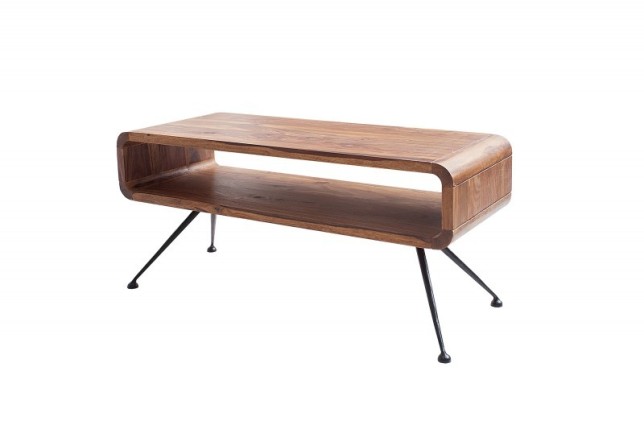 Table basse design rétro de 100cm coloris naturel en bois massif avec une niche