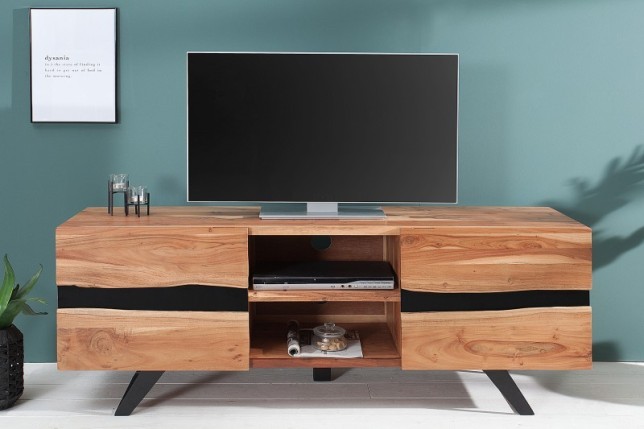 Meuble tv design coloris naturel et noir à 2 portes et 2 niches