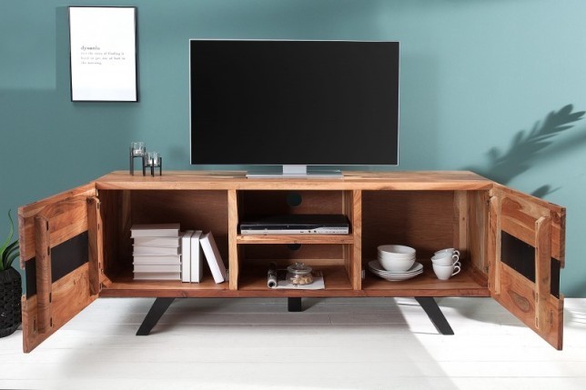 Meuble tv design coloris naturel et noir à 2 portes et 2 niches
