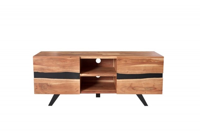 Meuble tv design coloris naturel et noir à 2 portes et 2 niches
