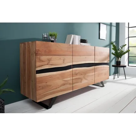 Bahut moderne de couleur naturel et noir en bois massif et en métal
