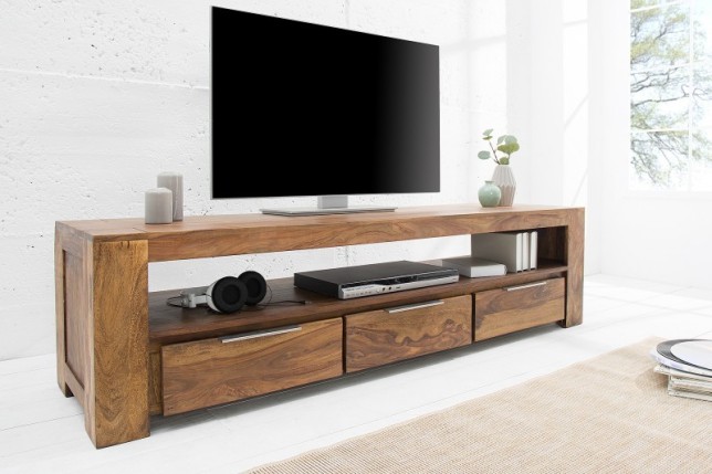 Meuble tv moderne 170cm design en bois massif sheesham avec rangement coloris naturel