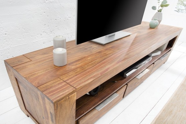 Meuble tv moderne 170cm design en bois massif sheesham  avec rangement coloris naturel