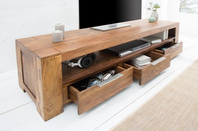Meuble tv moderne 170cm design en bois massif sheesham  avec rangement coloris naturel