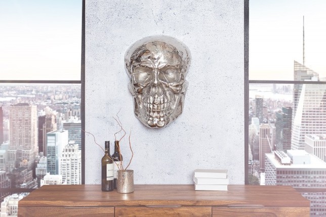 Sculpture murale design crâne humain en aluminium coloris argenté