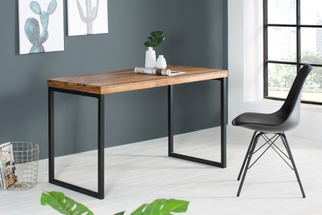 Table de bureau contemporaine de couleur naturelle et noire en bois massif sheesham  et métal