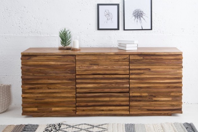 Buffet en Bois Massif RELIEF – 160 cm – Finition Pierre en Sheesham Marron