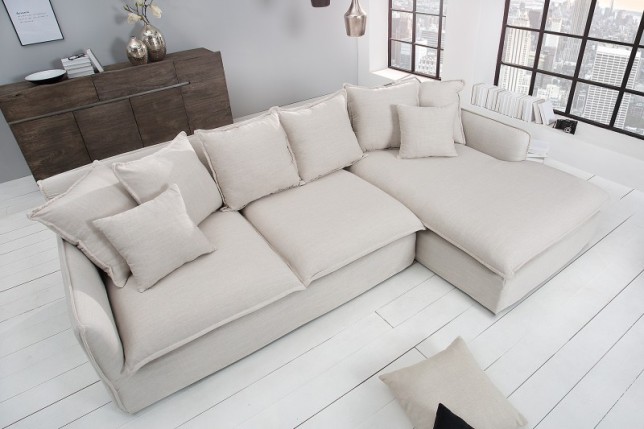 Grand canapé d'angle 255cm en lin naturel style campagnard