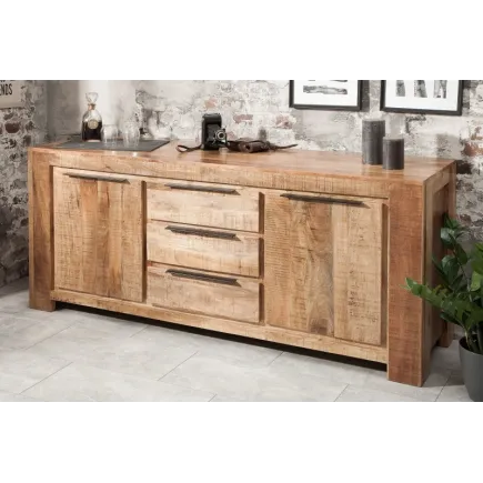 Bahut design industriel de couleur naturelle en bois massif à 2 portes et 3 tiroirs