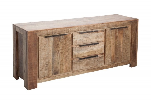 Bahut design industriel de couleur naturelle en bois massif à 2 portes et 3 tiroirs