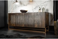 Bahut contemporain à 4 portes en bois massif coloris brun naturel avec pieds en métal doré