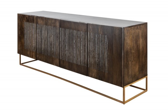 Bahut contemporain à 4 portes en bois massif coloris brun naturel avec pieds en métal doré